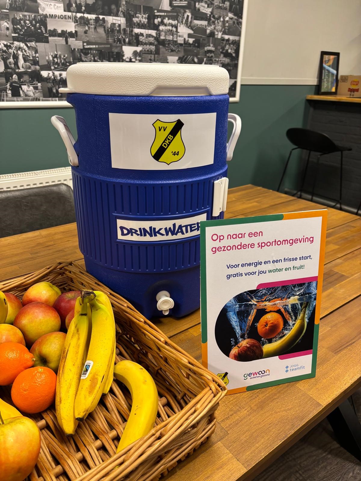 Blauwe drinkwaterton met wit deksel en handvaten en logo DKB. Die staat op tafel met een schaal met verschillende soorten fruit.