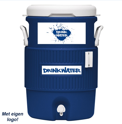 Blauwe drinkwaterton met wit deksel en handvaten