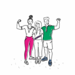 Illustratie van 3 volwassenen in sportieve kleding.