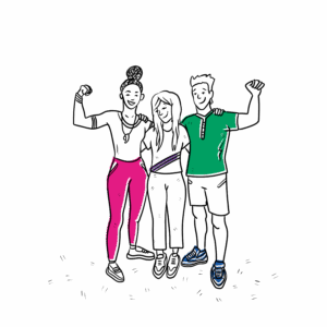 Illustratie van 3 volwassenen in sportieve kleding.