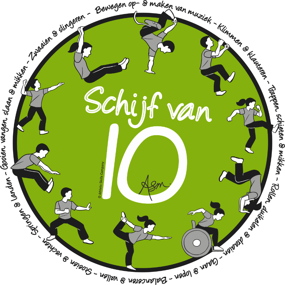 Schijf van 10 van ASM met daarin afgebeeld de 10 grondvormen van bewegen