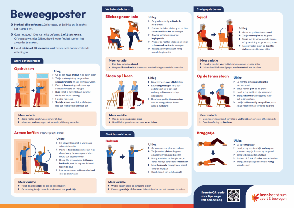 Poster met eenvoudige tekeningen van personen die verschillende oefeningen voordoen, zoals opdrukken, armen heffen, balansoefeningen, squats, op de tenen staan, boksen en een bruggetje. Bij elke oefening staat een korte uitleg om sterker en stabieler te bewegen.