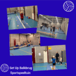 Meerdere voorbeeldplaatjes van activiteiten die gedaan worden bij de sportspeeltuin door kinderen. Logo wit Set Up Balkburg.