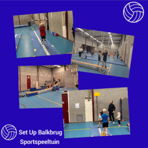 Meerdere voorbeeldplaatjes van activiteiten die gedaan worden bij de sportspeeltuin door kinderen. Logo wit Set Up Balkburg.