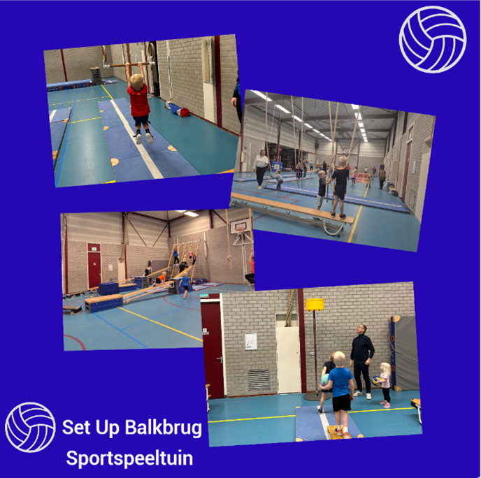 Meerdere voorbeeldplaatjes van activiteiten die gedaan worden bij de sportspeeltuin door kinderen. Logo wit Set Up Balkburg.