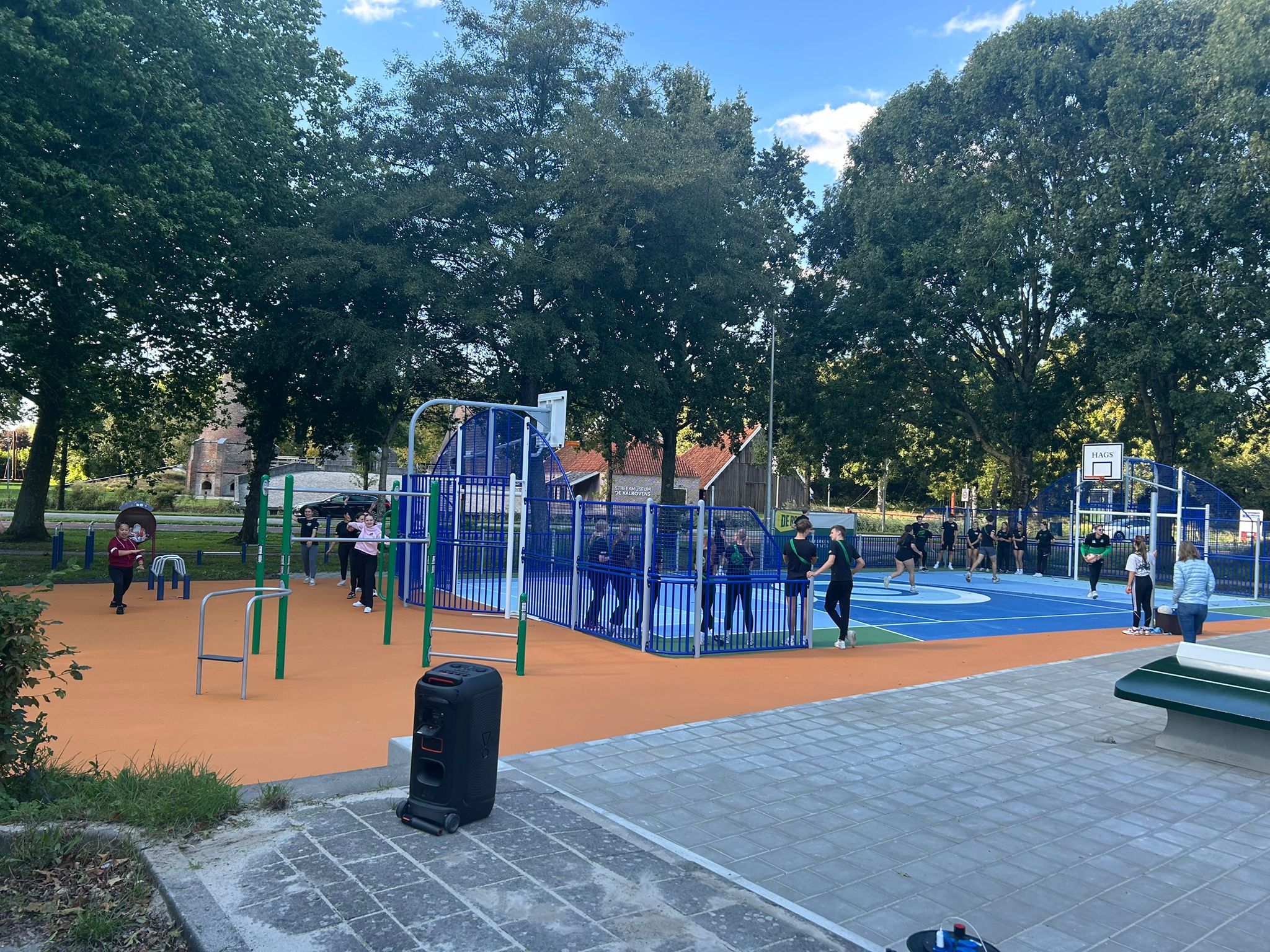 Meerdere mensen spelen en sporten op de openbare multisportvoorziening. Velden bestaan uit verschillende kleuren. Basketbalveld, voetbalveld, volleybalveld, teqbaltafel
