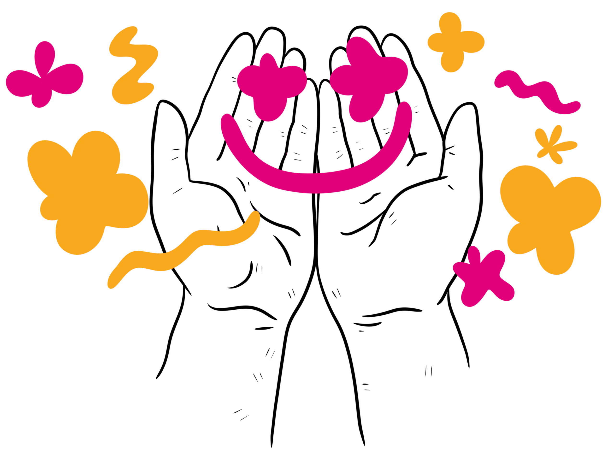 Illustratie van 2 handen verschillende figuren daaromheen in oranje en roze