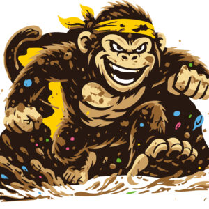 Getekende aap met gele hoofdband die door de modder beweegt