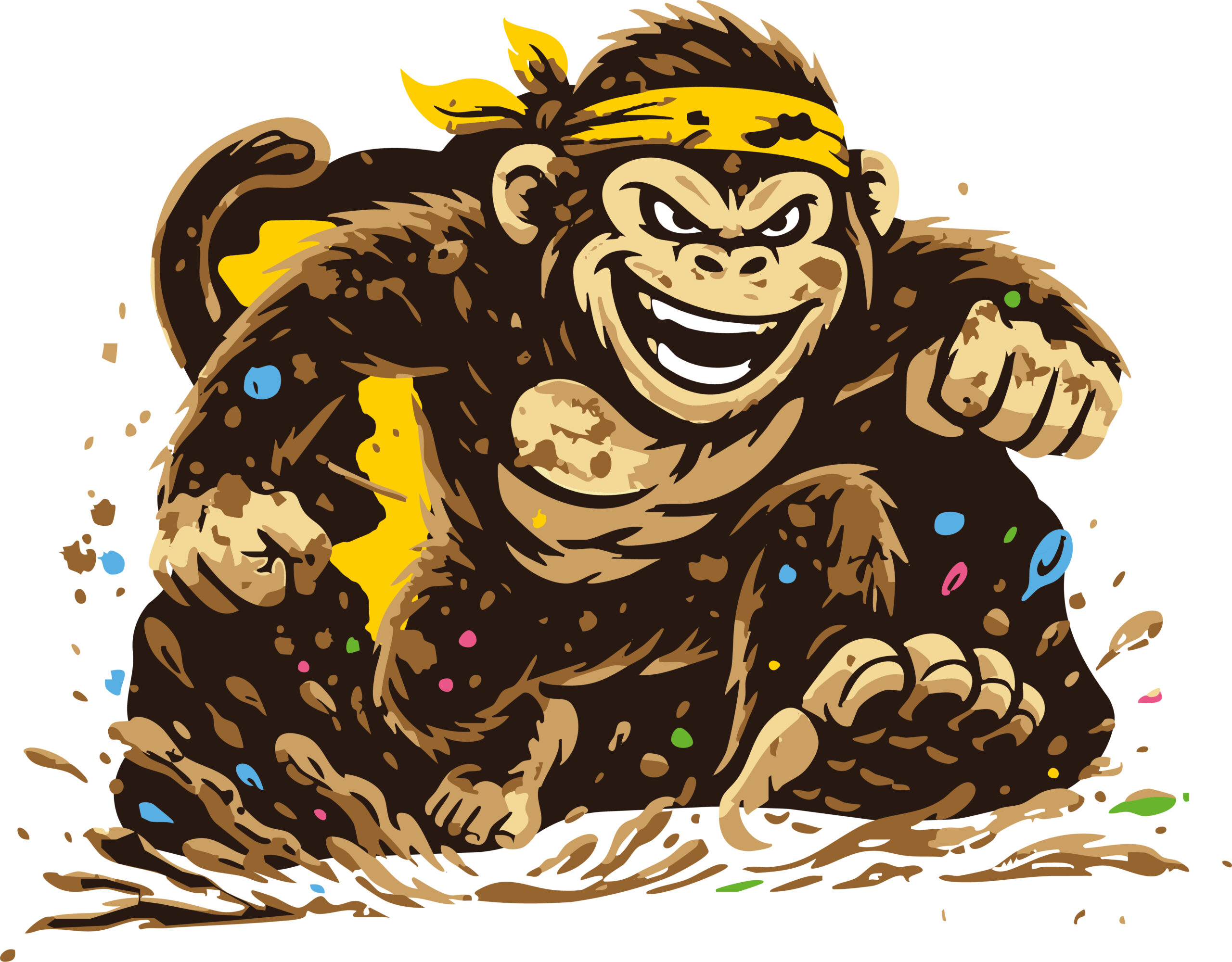 Getekende aap met gele hoofdband die door de modder beweegt