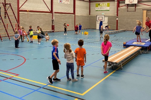 Meerdere kinderen die verschillende sportactiviteiten doen in een gymzaal